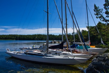 Jakterna ligger skyddade i hamn.